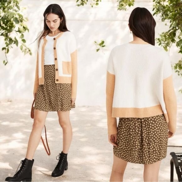 Madewell Colorblock Colburne Cardigan Color Heather Apricot Academia Old Money L - Picture 1 of 11